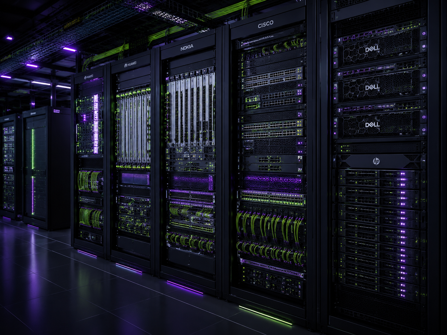 Racks de datacenter com equipamentos Huawei, Cisco, Nokia e Dell iluminados em verde e roxo